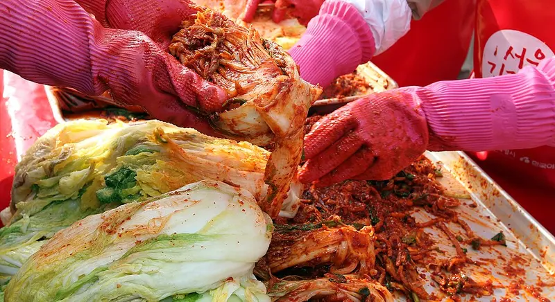분홍 고무장갑을 낀 손으로 배추에 김치 양념을 버무리는 모습